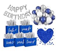 5 Senses Gift Bags Five Senses Birthday Party Decorations with Tissue Paper, Rose Petals and Happy Birthday Banner Balloons Five Senses Gift for Him Husband Boyfriend (Blue Silver)