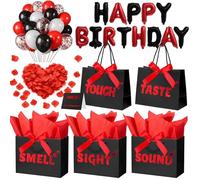 5 Senses Gift Bags for Him with Labels, 7"x4"x9" Gift Bag Tissue Paper Bow Ribbon Happy Birthday Decorations Kit with Banner, Balloons, Rose Petals, Card for Men, Women, Wedding, Valentine's Day