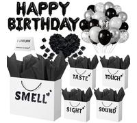 5 Senses Gift Bags for Him with Labels, Gift Bag Tissue Paper Happy Birthday Decorations Kit with Banner, Balloons, Rose Petals, Card for Men, Women, Wedding, Valentine's Day 12.6"x 9.8"x 4.2"