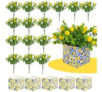 5 Sets Blue Tiles Lemon Table Centerpiece Decor-Amalfi Coast Inspired Box with 15 Artificial Lemon Branches,Capri Positano Lemon Party Supplies for Mediterranean Wedding Party Decorations,Baby Shower