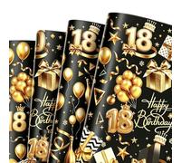 5 Sheet 18th Birthday Wrapping Paper, 70x50cm Black Gold Gift Wrap with 1 Roll 5M Ribbon for Gift Pack, Eco Gift Wrapping Paper Sheet for Man Women Girls Boys Birthday Present Decoration