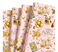 5 Sheet 30th Birthday Wrapping Paper, 70x50cm Pink Gold Gift Wrap with 1 Roll 5M Ribbon for Gift Pack, Eco Gift Wrapping Paper Sheet for Woman Ladies Female Birthday Present Decoration