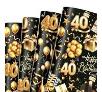 5 Sheet 40th Birthday Wrapping Paper, 70x50cm Black Gold Gift Wrap with 1 Roll 5M Ribbon for Gift Pack, Eco Gift Wrapping Paper Sheet for Man Women Girls Boys Birthday Present Decoration