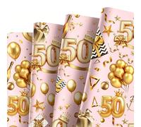 5 Sheet 50th Birthday Wrapping Paper, 70x50cm Pink Gold Gift Wrap with 1 Roll 5M Ribbon for Gift Pack, Eco Gift Wrapping Paper Sheet for Woman Ladies Female Birthday Present Decoration