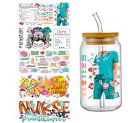 5 Sheet UV DTF Cup Wrap Transfer Stickers for Glass, Rub on Transfers Decal for 16OZ Glass Cups Furniture Wood Craft (Nurse)