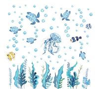 5 Sheets 94 Pcs Ocean Fish Wall Stickers, Turtles Bathroom Decorations, Under The Sea Seaweed Room Decals, Ocean Grass Jellyfish Bubble Stickers, Sea Animals Wall Decoration for Bedroom, Living Room