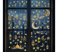 5 Sheets Eid Mubarak Window Stickers, Gold Ramadan Kareem Window Clings, Ramadan Mubarak Decorations, Moon Star Eid Stickers for Home Party Glass Decorations
