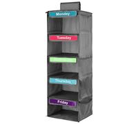 5-Shelf Weekly Clothes Organizer for Kids, Polyester Weekly Hanging Closet Organizer, Weekday/ School Day of The Week Monday Through Friday Kids Daily Clothes Organizers for Hats T-Shirts Bags Towels