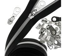 #5 Silver Metallic Nylon Coil Zippers by The Yard, Bulk Black Tape 10 Yards with 25Pcs Pulls for DIY, Sewing, Craft, Bags YIGUANXIN