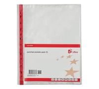 5 Star Office Punched Pocket Polyprop Reinforced Red Strip Top Opening 75 Mic A4 Clear [Pack 25] + Free Finchley Refill Pen