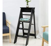 5 Step Wooden Folding Stool with Built in Ladder Heavy Du Solid Wood Chair Step Stool for Kitchen Home Library Space Saving Design Black h
