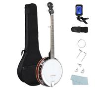 5 String Full Size Banjo Set - Right Handed with Closed Solid Sapele Back and Mahogany Neck Adjustable Straps Extra Handle Premium Accessories Stringed Musical Instrument for Beginners Wood & White