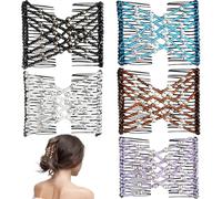 5 Stück Magische Haarkämme, Dehnbare Doppelkämme mit Perlen, Elastische Haarklammern für Frauen und Mädchen, Vintage Frisuren, Vielseitige Haaraccessoires (Schwarz, Braun, Weiß, Rosa, Blau)