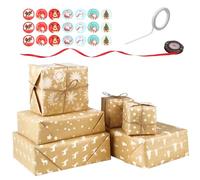 5 Styles Kraft Christmas Wrapping Paper Bulk, 100X44cm Wrapping Paper Christmas, Brown Wrapping Paper with 1 Roll Tape, Stickers, Twine, Xmas Wrapping Paper Gift with Antler Snowflakes Trees Stars