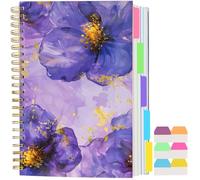 5 Subject Notebook College Ruled, A5 Spiral Notebook with Removable Pocket Dividers Tabs, Lined Organizer Notebook Journal for Women, 240 Pages Notebooks for Work School Note Taking, Purple Floral