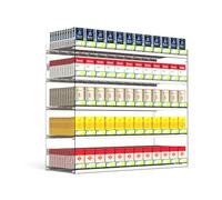 5-Tier Acrylic Display Rack, Clear Portable Showcases, Trapezoid Design, Transparent Pushers, Retail Cabinet for, Size 73.5x28.4x98cm