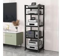 5 Tier AV Media Stand on Wheels, Modern Audio Rack Cabinet for Stereo Components, Record Player & Entertainment, Black, 23.6" W, Adjustable Shelf, Space-Saving Design
