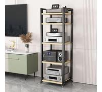 5 Tier AV Media Stand with Wheels, Modern Audio Cabinet for Stereo Components, Record Player Rack, 23.6" Entertainment Center, Natural Finish, Versatile Storage Solution