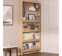5-Tier Behind the Door Bookshelf, Wooden Narrow Bookcase for Floor Standing Display Storage Organizer with Hooks