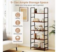 5-Tier Bookshelf, 160 Cm, Freestanding Shelf With Open Divider And Metal Frame, Rustic Brown
