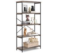 5-Tier Bookshelf Industrial Wood w/ Metal Frame Standing Display Grey