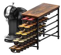 5 Tier Coffee Pod Holder for Dolce Gusto, 70 Capsules Capacity Metal Pods Storge with Wooden Top, Vintage Non-Slip Sliding Coffee Capsule Holder Organizer for Kitchen Small Space Counters