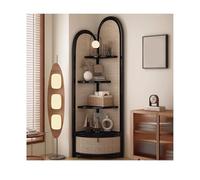 5-Tier Corner Shelf - Multi-Functal Rattan Triangle Bookcase with Sto Basket, Solid Wood Floor Cabinet for Living Room, Bedroom & Office - Black Design