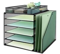 5 Tier Desk File Organiser with Extra Vertical File Sorter, Paper Letter Tray with Top Stationery Drawer Holder, A4 Paper Desktop Filing Trays, Magazine Document Holder for Home Office, Black