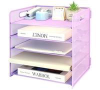 5 Tier Desk Organiser with Handle, Pull-out Mesh File Organizer for Desk Letter Tray Organizer Mesh Desk Organiser Tray Paper Storage Rack for A4 File Office Supplie, Purple