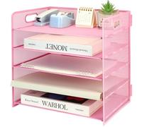 5 Tier Desk Organiser with Handle, Pull-out Mesh File Organizer for Desk Letter Tray Organizer Mesh Desk Organiser Tray Paper Storage Rack for A4 File Office Supplie, Pink