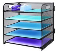 5 Tier Desk Organiser with Handle, Pull-out Mesh File Organizer for Desk Letter Tray Organizer Mesh Desk Organiser Tray Paper Storage Rack for A4 File Office Supplie, Black