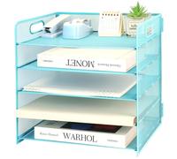 5 Tier Desk Organiser with Handle, Pull-out Mesh File Organizer for Desk Letter Tray Organizer Mesh Desk Organiser Tray Paper Storage Rack for A4 File Office Supplie, Blue