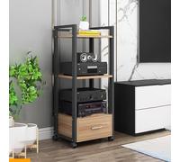 5-Tier Floor-Standing Audio Rack with Universal Wheels Movable Media Stand with Drawer Corner AV Shelf for Living Room Meeting Recording Studio (Black)
