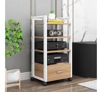 5-Tier Floor-Standing Audio Rack with Universal Wheels - Movable Media Stand with Drawer for Corner Stereo AV Shelf - Ideal for Living Room Meeting & Recording Studio (White)