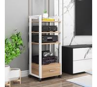5-Tier Floor-Standing Audio Rack with Universal Wheels - Movable Media Stand with Drawer for Stereo AV Equipment Corner Shelf for Living Room Meeting and Recording Studio (White)