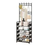 5-Tier Freestanding Coat Rack & Shoe Organizer with 8 Hooks - Entryway Hall Tree & Storage Cabinet for Living Room, Bedroom, Closet, Hallway - Black 23.6" x 11" x 66.9"