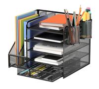 5 Tier Grid Desktop Organiser with Drawer - Multi-functional office school supplies organiser for files, brushes, magazines, paper, space saving (black)