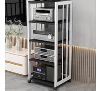 5-Tier HiFi Audio Stand with Movable Record Player Shelf - Stylish White & Black Rack for Speakers, Turntables, and Home Entertainment System - Sturdy & Space-Saving Design