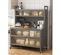 5 Tier Kitchen Baker's Rack Multifunctional Microwave Stand & Storage Cabinet Gray Sideboard with Flip Door & Accessories for Home nization (100 cm)