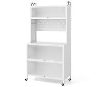 5-Tier Kitchen Bakers Rack with Flip Door Cabinets - Multifunctional Microwave Stand, Wheels or Adjustable Feet, Anti-Topple Guardrails