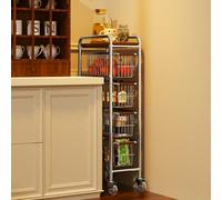 5 Tier Kitchen Storage Cart Slim Rolling Cart on Wheels Mobile Vegetable Rack with Wooden Tabletop Pull Out Utility Basket with Handle for Living Room Laundry Pantry