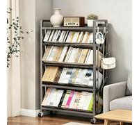5 Tier Metal Book Carts with Wheels, Library Rolling Bookshelf with Partition & Hook, Large Capacity Movable Bookshelf Organizer Rack for Home Office School(Black,70cm)