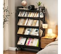 5 Tier Metal Book Carts with Wheels, Library Rolling Bookshelf with Partition & Hook, Large Capacity Movable Bookshelf Organizer Rack for Home Office School(Black,70cm)