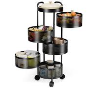 5-Tier Modern Metal Kitchen Trolley with Rotating Baskets - Ventilated Mesh Design Easy-Move Wheels Ideal for Kitchen Living Room Bedroom Storage Black Finish