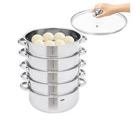 5-tier Multi-Cooker Stainless Steel Vegetable Steamer Cooking Pots and Pan Steamer Cookware For Induction Hobs and Glass Lid, Dishwasher-Safe Pan for Home and Kitchen, Silver (30cm)