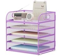5 Tier Paper Desk Organizer with Handle and Slideable Letter Tray, A4 Paper File Folder Sorter Metal Mesh Organizer for Home Office School Desk Supplies Organization Storage - Purple
