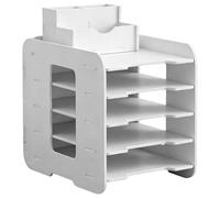 5 Tier Paper Tray Letter Tray Organiser, Desktop Filing Tray with Pen Holder, 12.2 x 9.1 x 11.1 in Wooden Desk Organiser for A4 Size Paper, White
