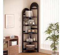 5 Tier Rattan Corner Shelf, CornerDisplay Stand Freestanding Corner Bookshelf Fan-arc Design Rounded-corner Design for Bedroom Living Room