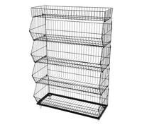 5 Tier Retail Display Rack, Iron Storage Rack with Slanted Hollow Basket, 15KG per Tier Load Bearing Mobile Fruit Vegetable Stand with Lockable Wheels for Supermarket Kitchen(Black, 90*43*140)