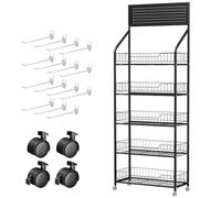 5 Tier Retail Snack Display Rack, Metal Candy Storage Shelf Cart with Wheels & 15 Hooks, Heavy-Duty Potato Chip Organizer Stand for Supermarket, Grocery, Store, Home (Black) Black